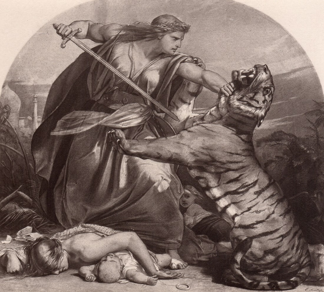 1870 Edward Armitage Vengence Antique Autotype Print: Edward Armitage. (English, 1817-1896). Retribution. Antique Autotype Print on wove paper after the original study in chalk by a master engraver. 1870. Signed in the print, lower right. Excellent. Imag