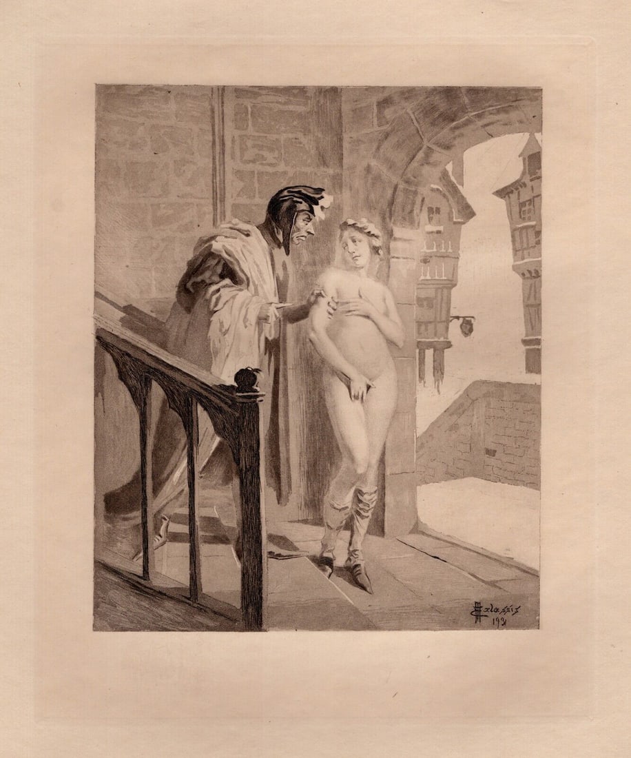 Edmond Malassis Limited NUDE Engraving Secret Encounters Signed FRAMED: Edmond Malassis (French, 1874 - 1944). The Conversation III (La Conversation I) (Cent Nouvelles Nouvelles). Vintage copper plate engraving in black ink on Velin paper after the original by master engr