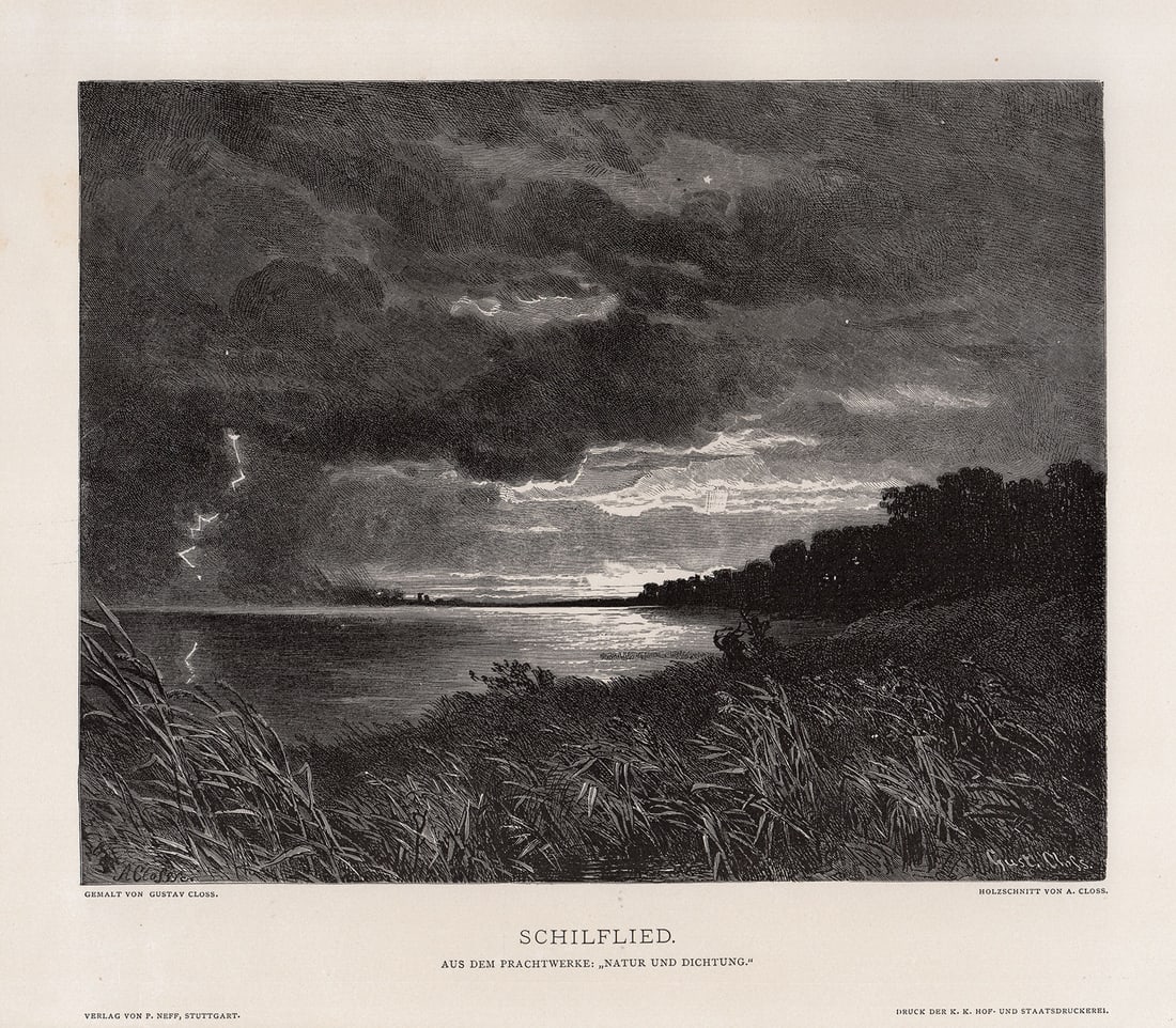 Gustav Paul Closs Schilflied (Reed Song) 1887 woodcut: Gustav Paul Closs. (German, 1840-70). Schilflied (Reed Song). Antique woodcut on wove paper after the original by Master Wood Engraver A. Closs. 1887. Signed in the Plate. Excellent. K.K. Farm- And St