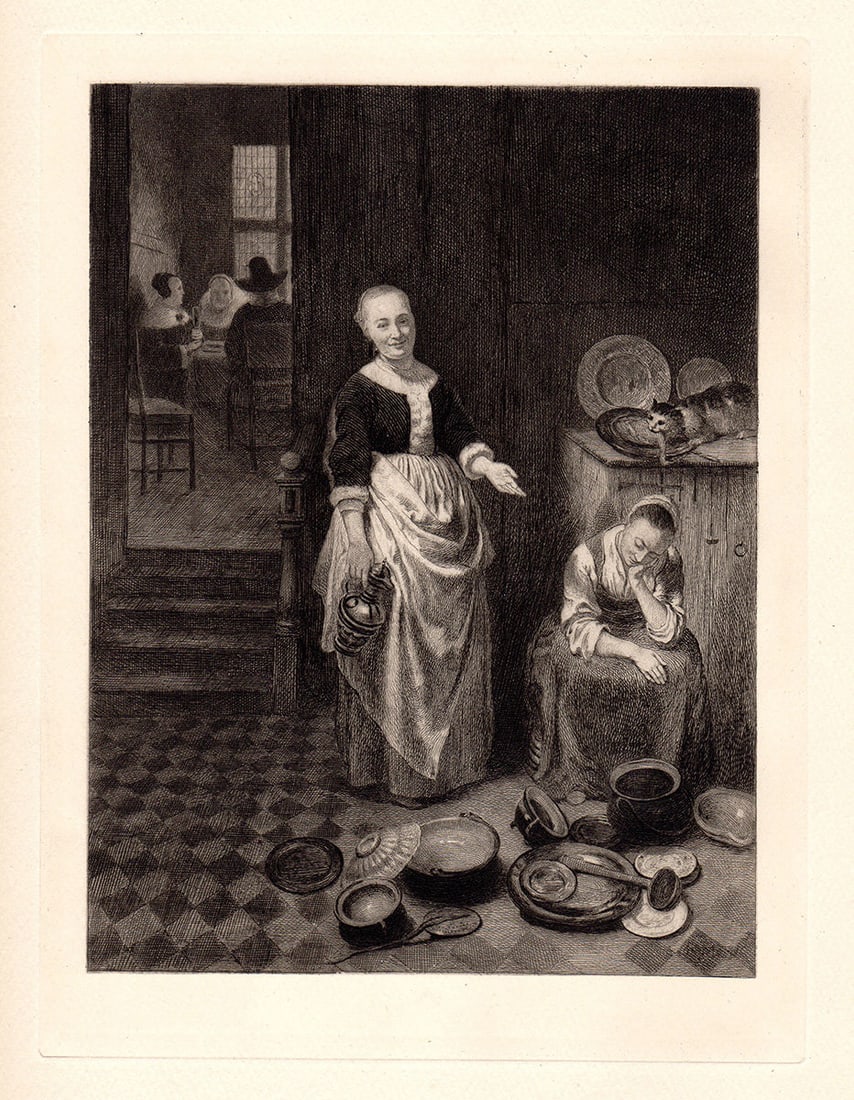 Nicolaes Maes An Idle Servant (Interior with a Sleeping Maid and her Mistress) 1887 etching: Nicolaes Maes. (Nicolaes Maas) (Dutch, 1634 - 1693 (buried). An Idle Servant (Interior with a Sleeping Maid and her Mistress). Antique Copper plate etching on wove paper after the original oil on oak