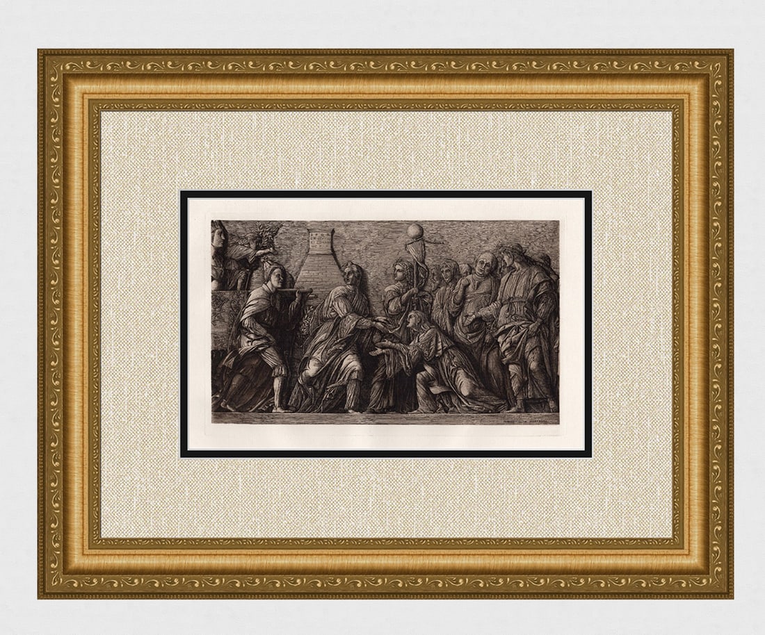 Andrea Mantegna 1874 etching The Triumph of Scipio signed: Andrea Mantegna. (Italian, 1431-1506). The Triumph of Scipio. Antique Copper plate etching on laid paper after the original by master etcher William Wise (British, 19th Century). 1874. Signed in the p