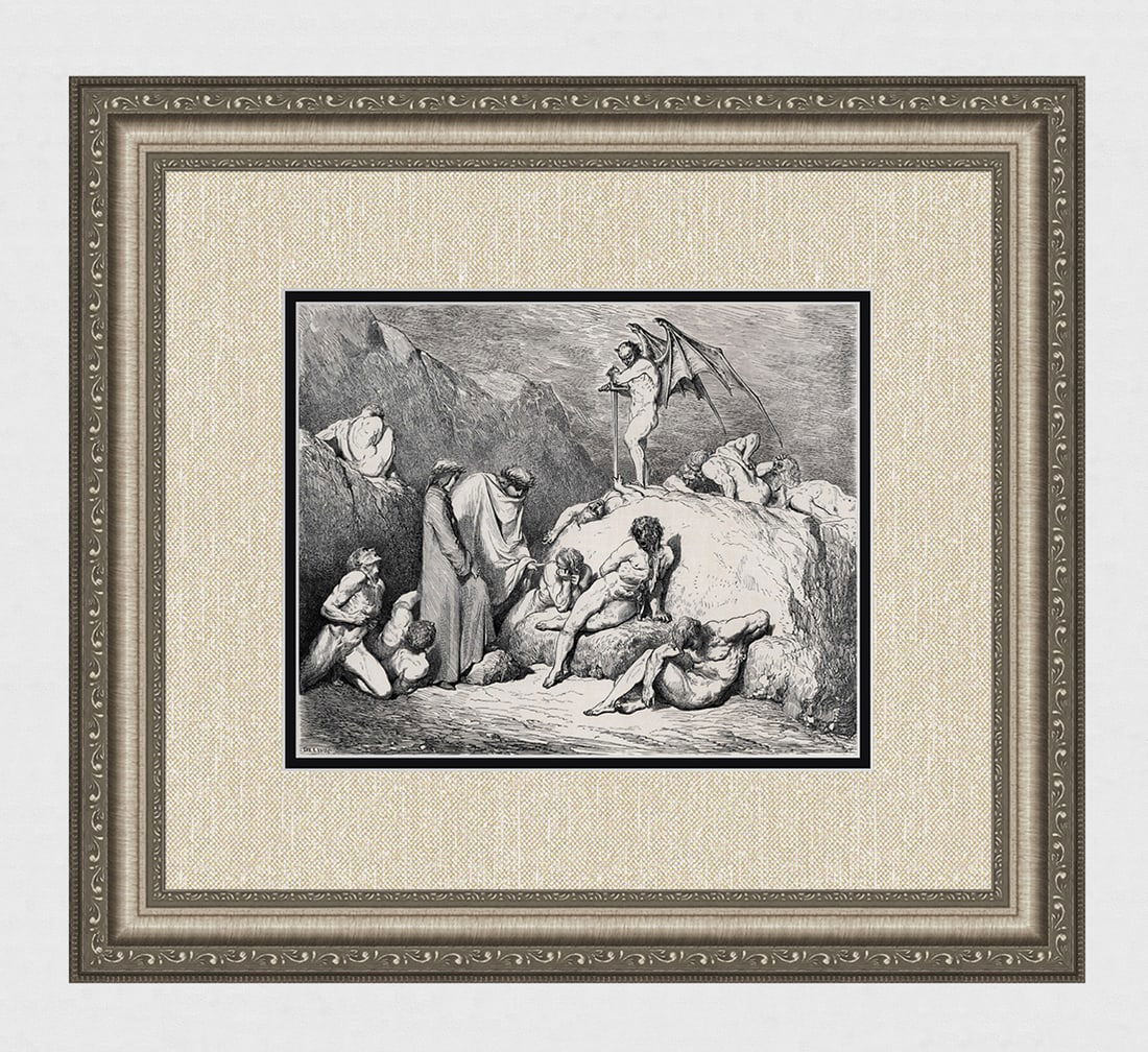 FRAMED 1800s Gustave Dore DIVINE COMEDY Woodcut Dante & Pier da Medicina SIGNED: Gustave Dore (Paul Gustave Louis Christophe Dore) (French, 1832-1883). Chant 28 Pier da Medicina (from Divine Comedy, Enferno). Antique woodcut wove paper after the original by a master wood engraver