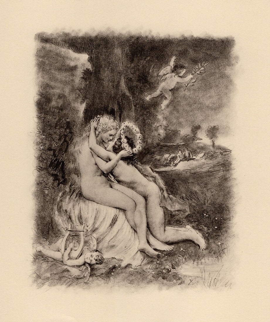Original 1947 Paul-Emile Becat Limited Lithograph Kisses in th Morning Framed: Paul-emile Becat (French, 1885 - 1960). Fourteenth Kiss,The Morning Kiss I (Quinzieme Baiser, Le Baiser Du Matin I). Original lithograph on velin paper. Year: 1947. Numbered limited edition. This is o