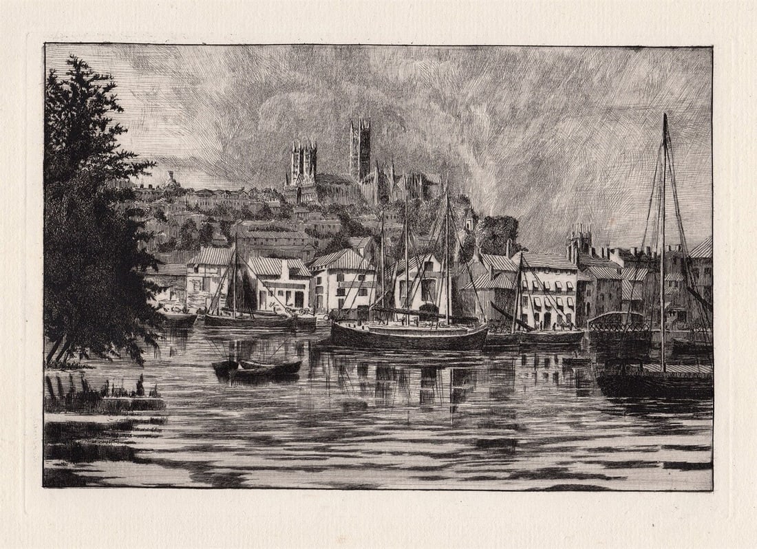 Edwin Edwards Lincoln Cathedral 1872 etching: Edwin Edwards. Lincoln Cathedral. Antique etching on thick laid paper. 1872. Excellent. Image size 6 3/8 x 9 3/8 inches. Approximately 15 x 18 inches. This piece has been professionally matted and fra