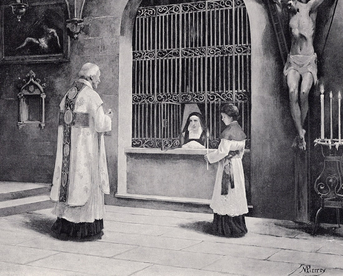 N. Pierrey 1800s Antique Print In the Convent SIGNED Framed: N. Pierrey (Active 18th Century). In the Convent. Antique print after the original. Year: c. 1890. Signed in the plate, lower left. Image Size 8 x 10 5/8 inches. Framed dimensions: Approximately 17 x