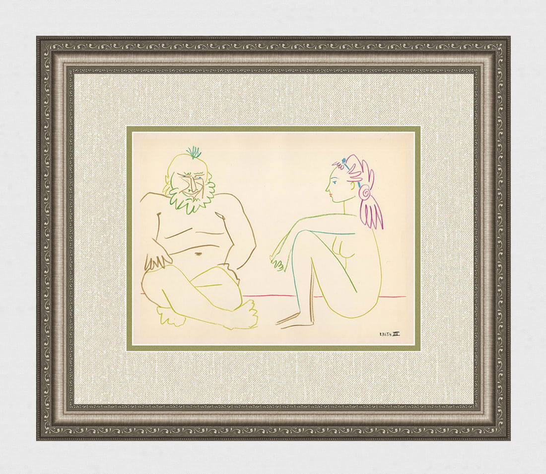 Pablo Picasso 1954 La Comedie Humaine Color Lithograph Framed: Pablo Picasso (1881 - 1973). "La Comedie Humaine 27.1.54 XIV". 1954 Color Lithograph on wove paper after the crayon drawing. Dated in the plate, lower right. Lithography executed by Mourlot. Published