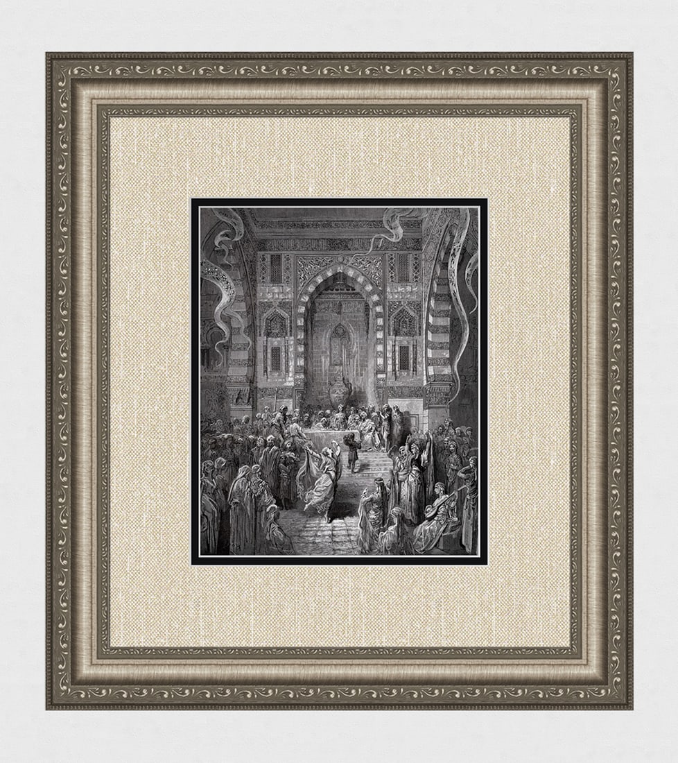 GUSTAVE DORE 1800s SIGNED Orlando Furioso Woodcut The Royal Banquet FRAMED: Gustave Dore (Paul Gustave Louis Christophe Dore )(French, 1832-1883). The Royal Banquet in the palace at Damascus (From Orlando Furioso). Antique woodcut on wove paper after the original Illustration