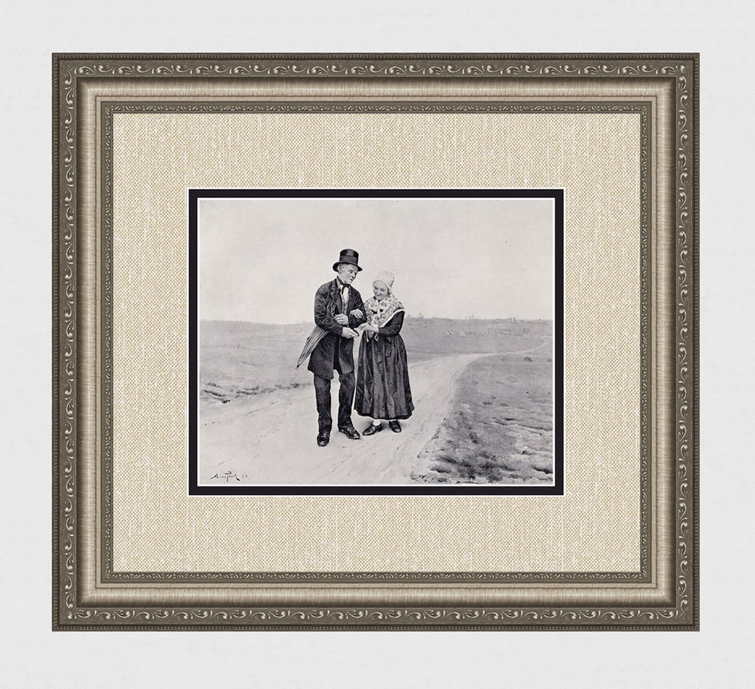 Aime Perret 1800s Antique Print Declaration of Love SIGNED Framed: Aime Perret (French, 1847 - 1927). Tardy Avowals. Antique print after the original. Year: c. 1890. Signed in the plate, lower left. Image Size 8 3/8 x 10 3/8 inches. Framed dimensions approximately 17