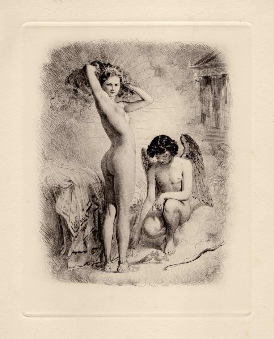 Cupid & Psyche Original 1955 Paul-Emile Becat Limited Drypoint Etching: Paul-emile Becat (French, 1885 - 1960). Cupid and Psyche VI. Original drypoint etching on wove paper.Year: 1955. Edition Limited edition of 670. Publisher Les Heures Claires, Paris.Image Size 6 1/2 x