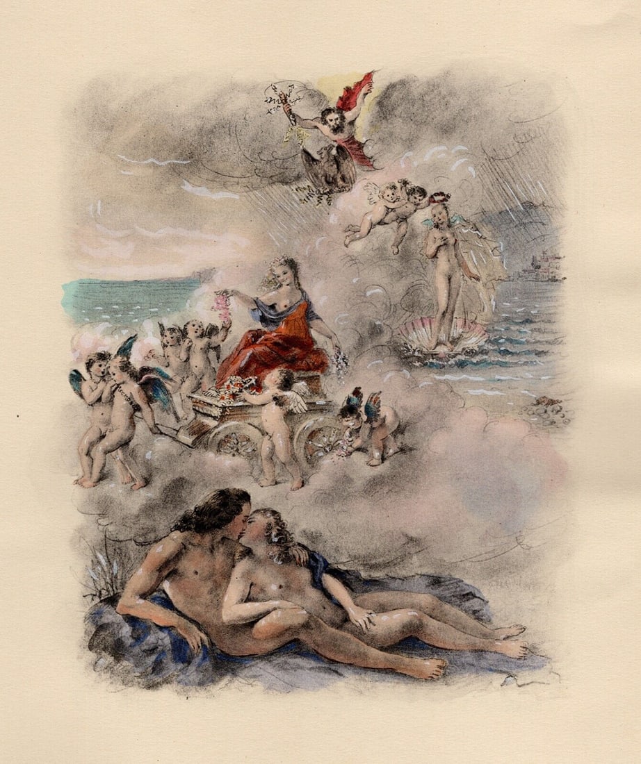 Original 1947 Paul-Emile Becat Nude Limited Lithograph The Eighth Kiss Framed: Paul-emile Becat (French, 1885 – 1960). Eighth Kiss, Counting Kisses (Huitième Baiser, Les Baisers Comptes). Original color lithograph on velin paper. Year: 1947. Numbered limited edition. This is