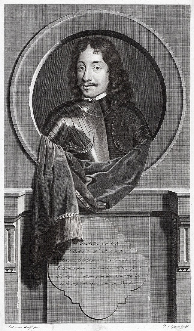 Adriaen van der Werff 1697 Engraving James Hamilton 3rd Earl of Arran Framed: Adriaen van der Werff (1659 - 1722). James Hamilton (1537/8 - 1609), 3rd Earl of Arran. Antique engraving on laid paper after the original by master engraver Pieter van Gunst (Dutch, 1658/9 - 1731). Y