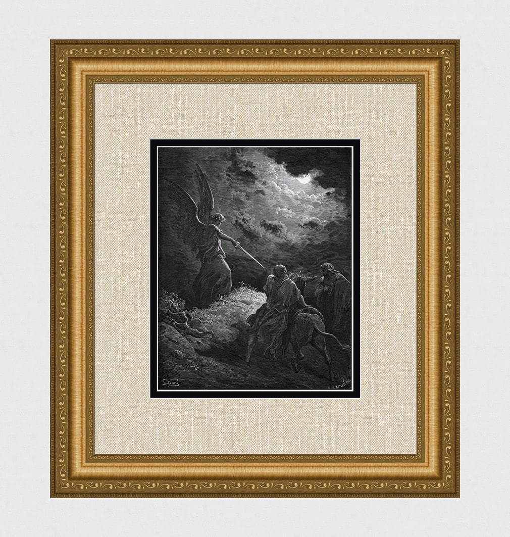 SIGNED 1800s Gustave Dore Religious Woodcut The Angel and Balaam FRAMED: Gustave Dore (Paul Gustave Louis Christophe Dore) (French, 1832-1883). The Angel Appearing to Balaam (from Dore's Bible). Antique woodcut wove paper after the original by a master wood engraver Charle
