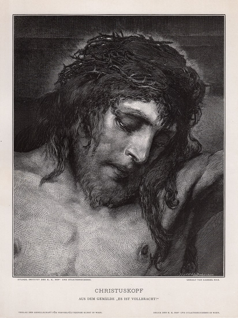 1800s Gabriel Max 1800s Biblical Woodcut HEAD OF CHRIST Framed SIGNED: Gabriel Max (Gabriel Cornelius Ritter von Max) (Prague-born Austrian, 1840-1915). Head of Christ (Christuskopf). Antique woodcut on wove paper after the original painting by a Master Wood Engraver. Ye