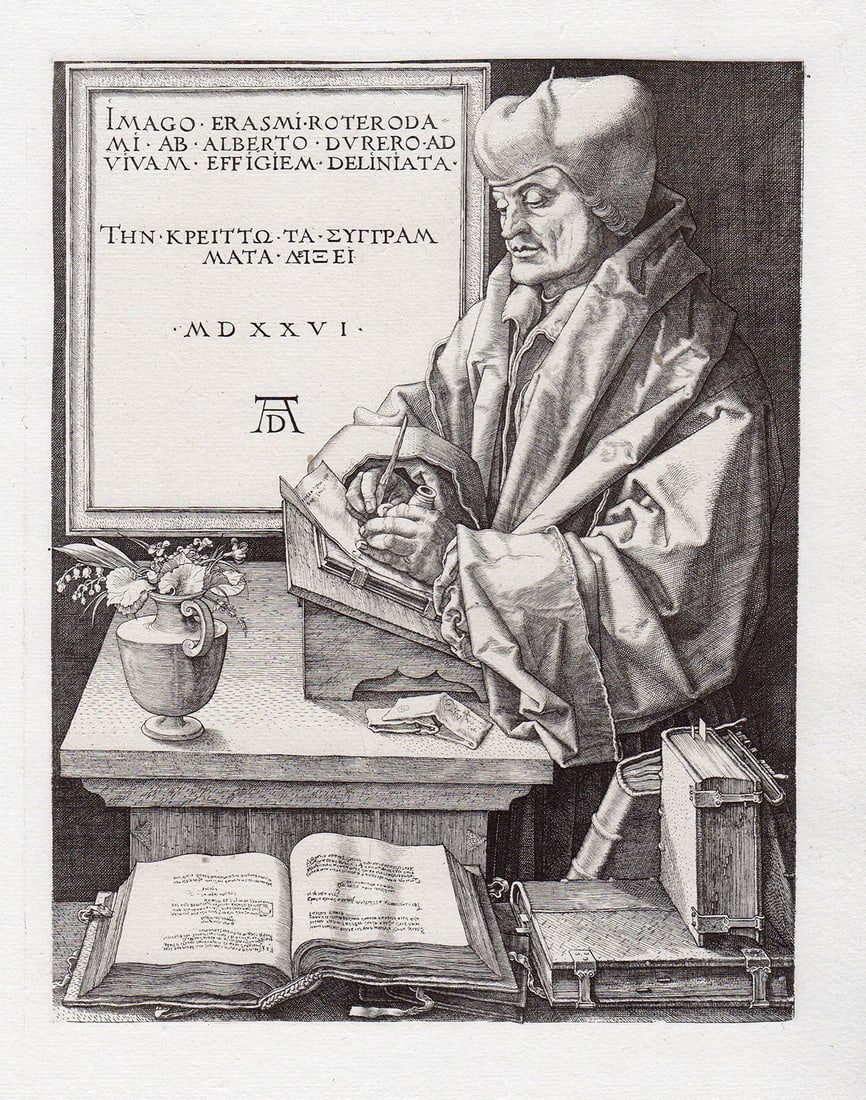 Albrecht Durer Erasmus 1882 Engraving Signed: Albrecht Durer (1471 - 1528). "Erasmus of Rotterdam ". Antique Copper plate hand pulled copper plate engraving after the original by master engraver Amand Durand (1831-1905). 1882. Signed in the Plate