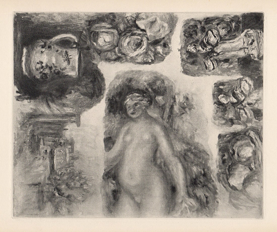 1919 Pierre Auguste Renoir Antique Engraving "Summer Studies" Framed: Pierre Auguste Renoir (1841 - 1919). Studies (Études). Antique copper plate heliogravure engraving on beau papier teinté hand pulled by Emile Fequet in Paris on December 15, 1919. Edition: One of 52