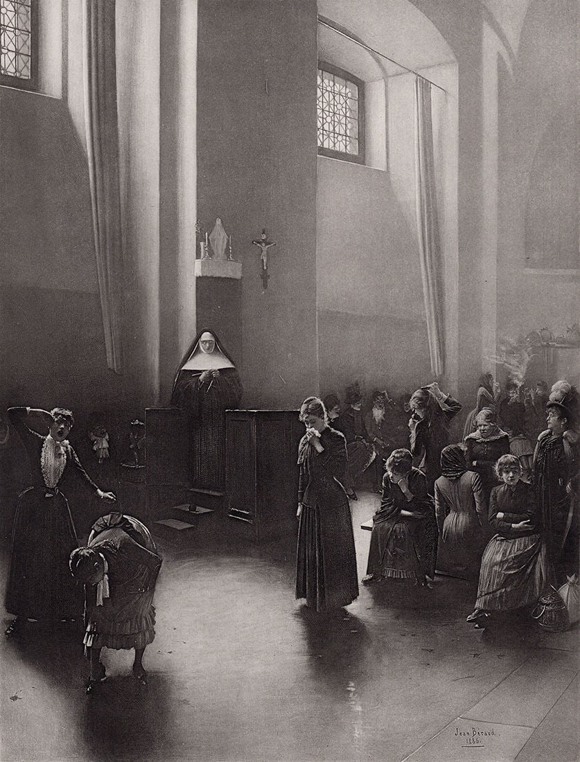 Jean Beraud 1890 Antique Print A Women's Prison signed: Jean Beraud (French,1848 - 1935). A Women's Prison. Antique heliogravure on heavy wove paper after the original 1886 painting by a Master Engraver. 1890. Signed and dated in the plate, lower right. Ex