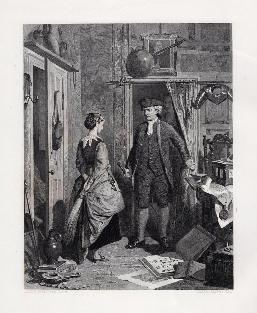 ROBERT HERDMAN 1800s Engraving Stern Jonathan Oldbuck FRAMED Signed: Robert Herdman (British, 1829-1888). The Antiquary and Lovel Entering the Sanctum. Antique engraving on wove paper after the original by master engraver Robert Charles Bell (British, 1806-1872). Year:
