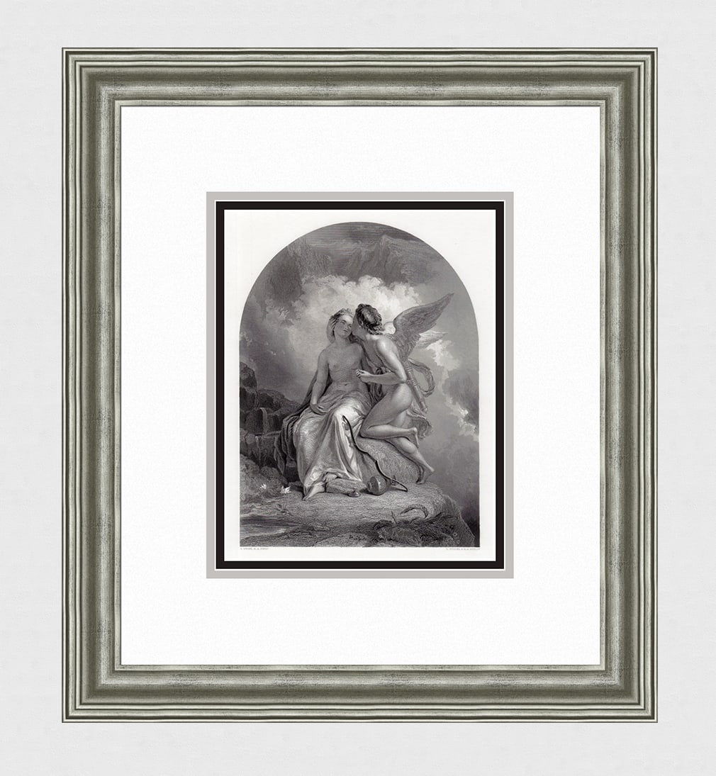 1800s Thomas Uwins Antique Engraving CUPID & PSYCHE Signed FRAMED: Thomas Uwins (English, 1782 – 1857). Cupid and Psyche. Antique engraving on thick wove paper after the original by master engraver Lumb Stocks (British, 1812 - 1892). Signed in the plate. Year: 1855