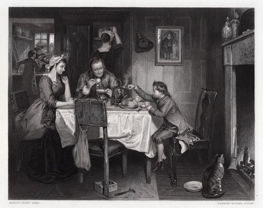 Marcus STONE 1800s Engraving Interior with Family FRAMED Signed (1 of 3)