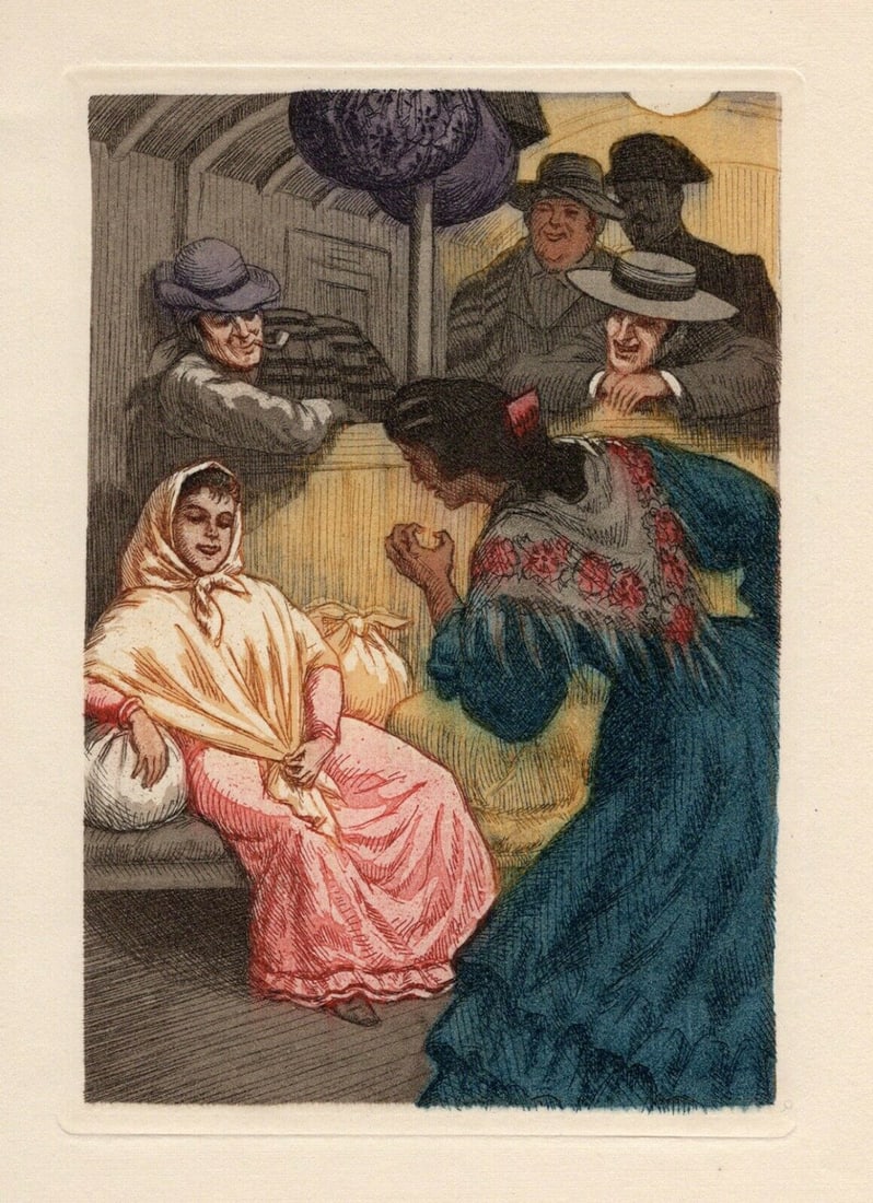 Jean Virolle 1930 Color Engraving "Conchita Seated" Limited Framed: Jean Virolle (French, 1890 -). Conchita. Original color aquatint engraving on wove paper. Year: 1930. Limited to 3300. Image Size 3 5/8 X 5 3/8 inches. Framed dimensions approximately 13 x 15 inches.