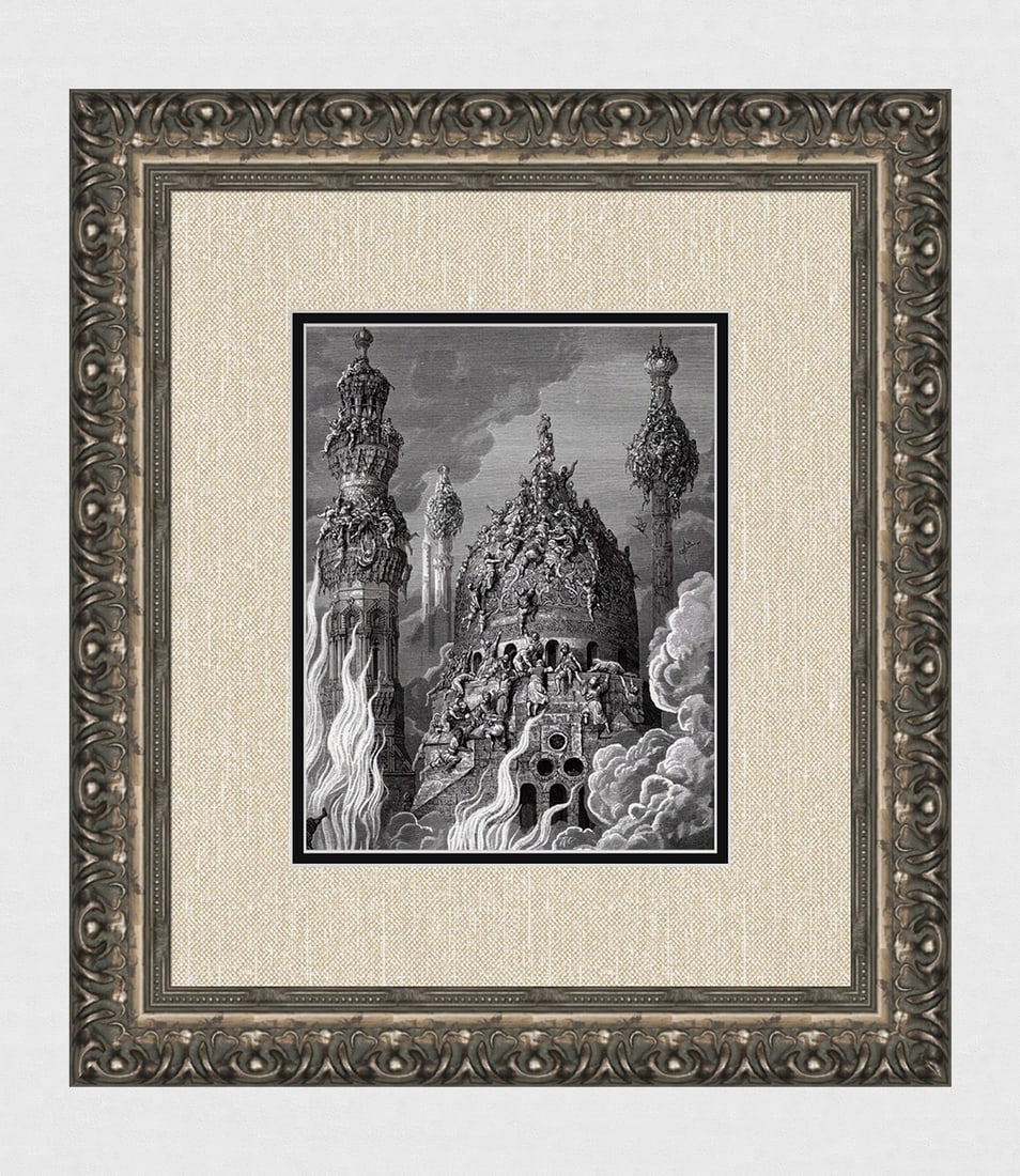 1800s Gustave Dore Woodcut The Destruction of Bizerte Signed Framed: Gustave Dore (Paul Gustave Louis Christophe Dore )(French, 1832-1883). The Destruction of Bizerte (From Orlando Furioso). Antique woodcut on wove paper after the original Illustration by master wood e