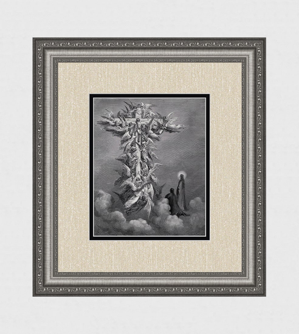 Gustave Dore 1800s Divine Comedy Wood Engraving "The Cross" Signed Framed: Gustave Dore (Paul Gustave Louis Christophe Dore) (French, 1832-1883). Chant 14 The Vision Of The Cross (from Dante's Divine Comedy Paradise). Antique Wood Engraving on on wove paper after the origina