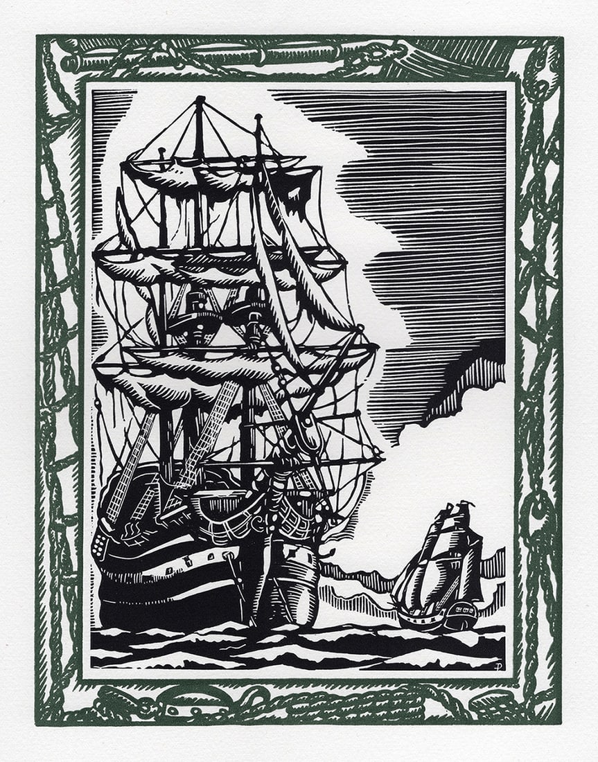 1946 PATRICK DE MANCEAU LIMITED Woodcut Sailing the Coast of Chile Framed (1 of 2)