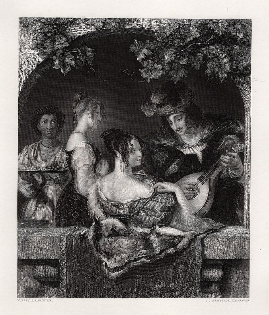 1800s WILLIAM ETTY Engraving Music on the Balcony SIGNED Framed (1 of 3)
