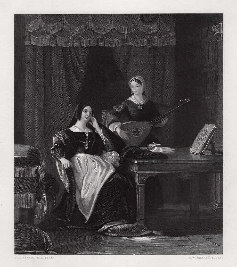 Charles Robert Leslie 1800s Engraving Katherine of Aragon Framed Signed: Charles Robert Leslie (English, 1794 – 1859). Queen Katherine. Antique engraving on wove paper after the original oil painting by master engraver Charles William Sharpe (British, 1818-1899). Year: 1