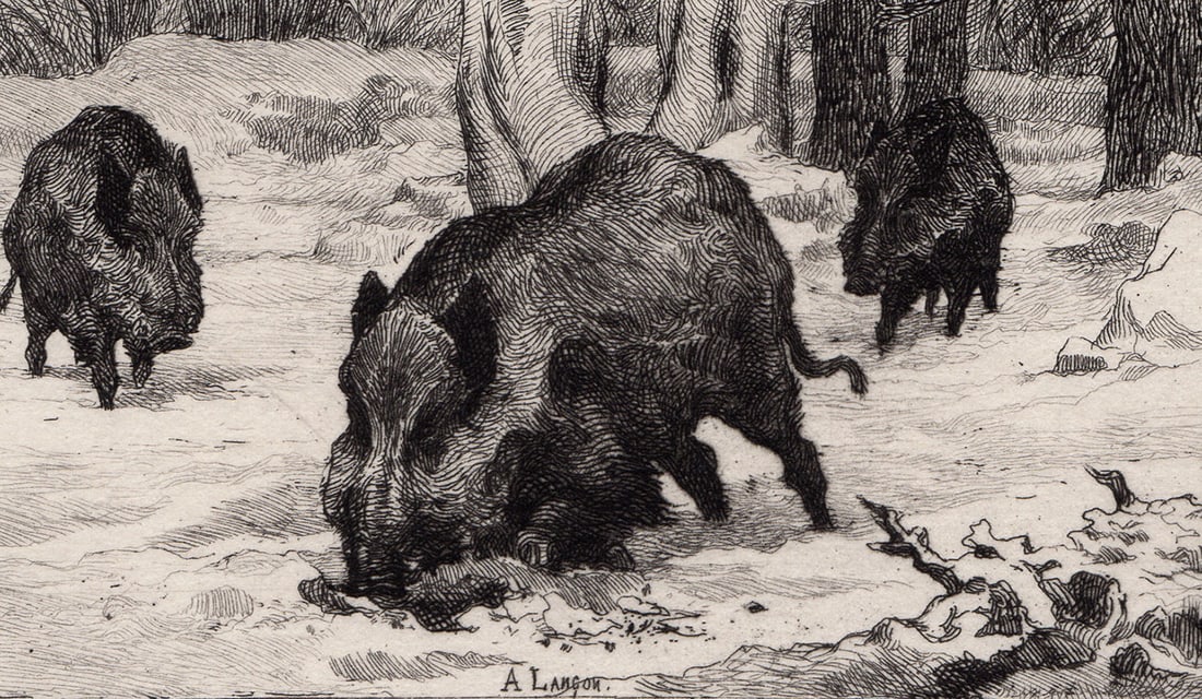 1874 Auguste Andre Lancon Wild Boars etching signed - 2