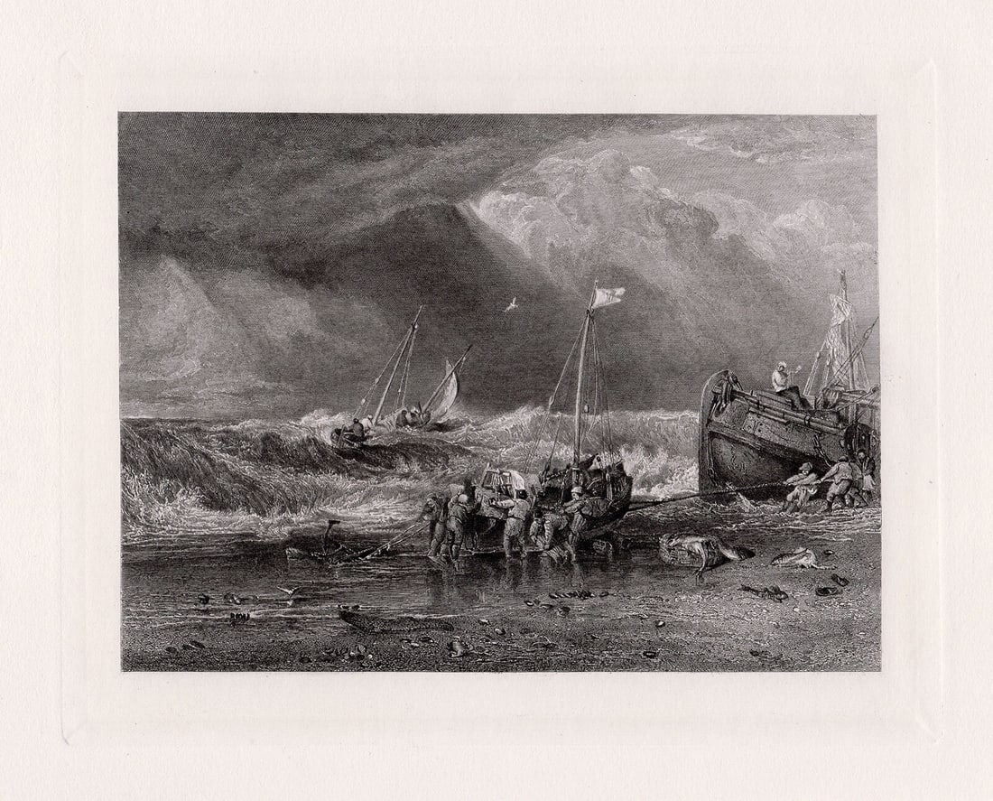 Joseph Mallord William Turner Fishing Boats 1885 engraving: Joseph Mallord William Turner. (English, 1775-1851). Fishing Boats. Antique engraving on wove paper after the original oil on canvas by master engraver Edward Paxman Brandard (British, 1819 - 1898). 1