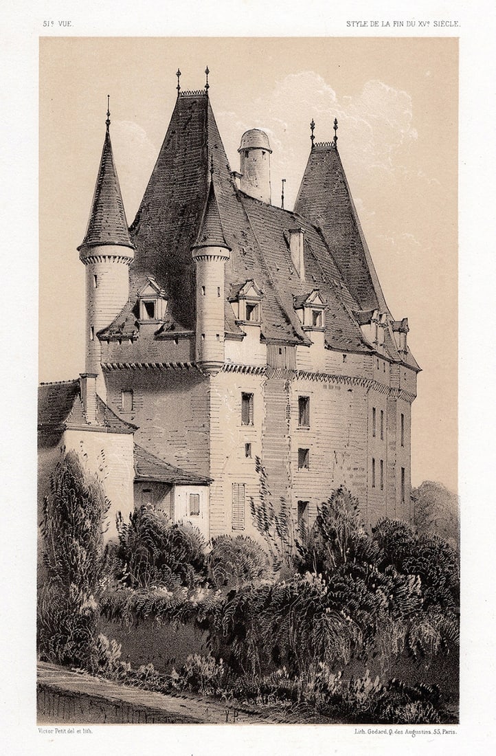 1800s Victor Petit Original Lithograph Chateau De Jumillac Framed Signed: Victor Petit (1817-1871). Chateau De Jumillac, Dordogne (Jumillac Castle). Original tinted lithograph on strong vellum paper. Year: 1860. Signed in the plate. Published by A Godard, Paris. Image Size