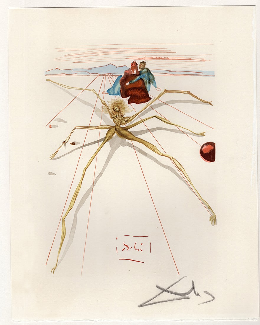 1960 Salvador Dali Terrace Anger Authentic Woodcut: Salvador Dali. (1904-1989). "Leaving the Terrace of Anger" Purgatory Canto 17. Authentic Original Color Woodcut from The Divine Comedy Printed in 1960 on B.F.K. Rives Paper ( this is not a reproductio