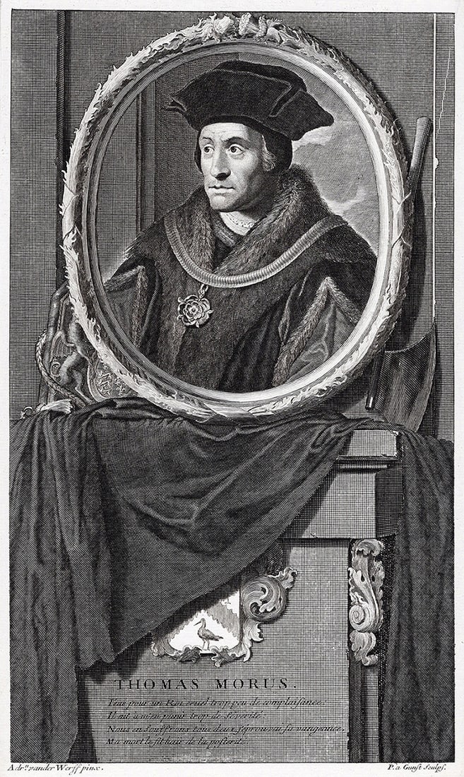 Adriaen van der Werff 1697 Engraving Sir Thomas More Framed: Adriaen van der Werff (1659 - 1722). Sir Thomas More (1478-1535), Lord Chancellor. Antique engraving on laid paper after the original by master engraver Pieter van Gunst (Dutch, 1658/9 - 1731). Year: