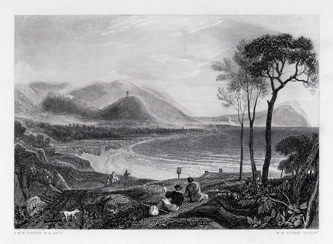 WILLIAM TURNER 1800s Engraving Minehead & Dunster Castle Signed Framed: Joseph Mallord William Turner (English, 1775-1851). Minehead and Dunster Castle. Antique engraving on wove paper after the original by master engraver William Bernard Cooke (British, 1778-1855). Year: