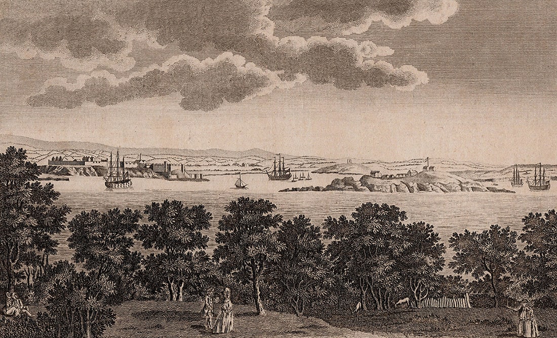 John Cooke 1800s Engraving View of Plymouth Fort & St Nicholas Island FRAMED: A View of Plymouth Fort and St. Nicholas's Island From Mount Edgcumbe II. Antique engraving on wove paper. Year: 1779-1782. Publisher John Cooke, London. Image Size 6 3/8 x 10 5/8 inches. Framed