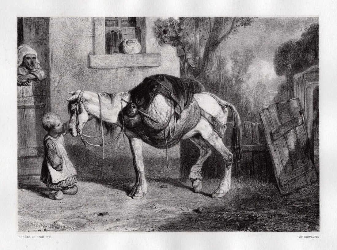 1800s Alexandre-Gabriel DECAMPS Lithograph Child with Horse Framed Signed (1 of 3)