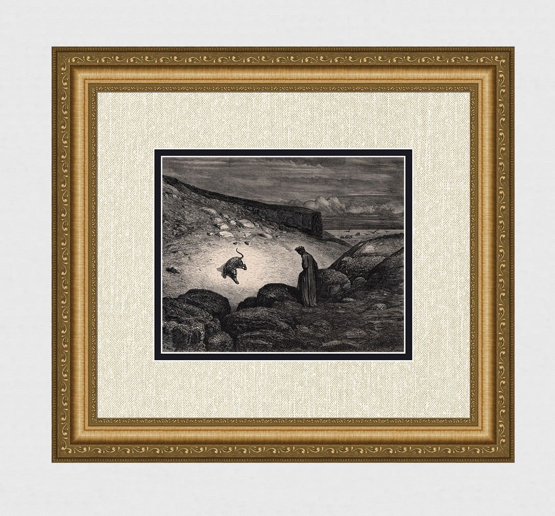 Gustave Dore The Panther (Dante's Divine Comedy Enferno) c. 1880 Woodcut: Gustave Dore (Paul Gustave Louis Christophe Dore) (French, 1832-1883). Chant 1. The Panther (Dante's Divine Comedy Enferno). Antique woodcut wove paper after the original by master wood engraver Antoi