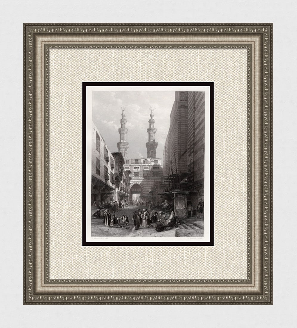 1800s DAVID ROBERTS Antique Engraving "The Gates of Cairo" Framed Signed: David Roberts (Scottish, 1796 - 1864). Gate of the Metwaleys - Cairo. Antique engraving on wove paper after the original by master engraver Ebenezer Challis (British, 1836-1864 fl.). Year: 1855. Dimen