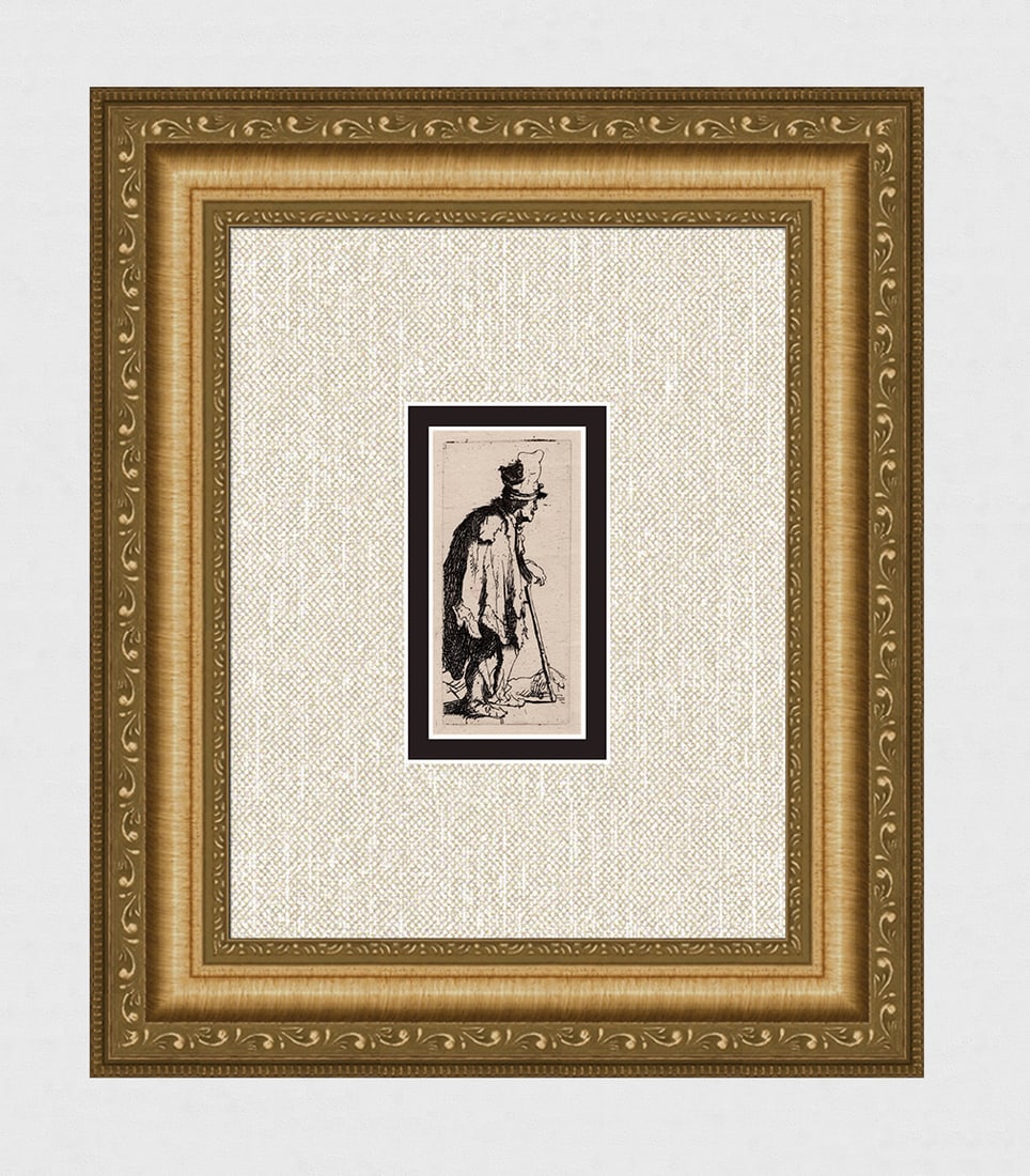 1800s REMBRANDT Etching B166 Old Beggar with Crippled hands leaning on a Stick DURAND Original (1 of 4)