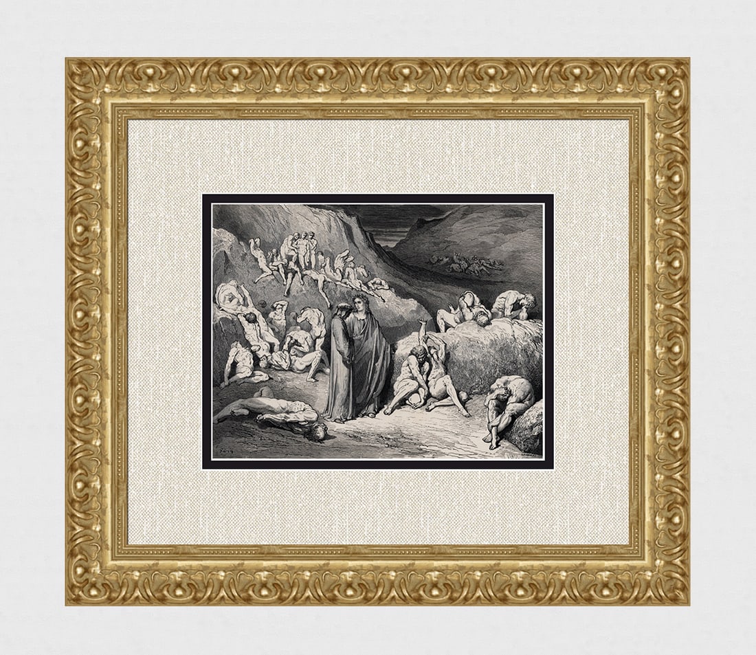 GUSTAVE DORE 1800s Religious Wood Engraving Falsifiers & Forgers Framed Signed: Gustave Dore(Paul Gustave Louis Christophe Dore) (French, 1832-1883). Chant 29 Griffolino and Capocchio (Dante & Virgil among the Falsifiers) (from Dore's Divine Comedy, Enferno). Antique Wood Engravi