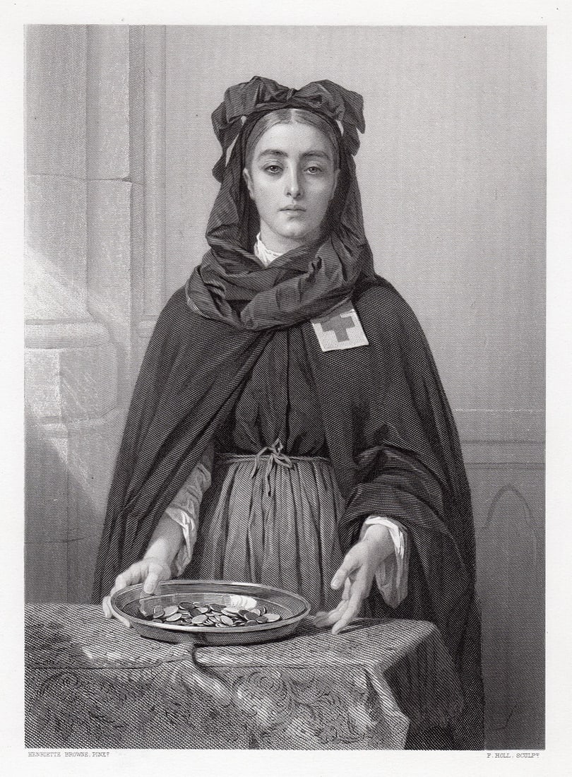 Henriette Browne Alsace engraving signed: Henriette Browne. (Sophie de Bouteiller) (French, 1829 - 1901). Alsace. Antique steel engraving on wove paper after the 1870 original by master engraver Francis Montague Holl (English, 1845-1888). 187