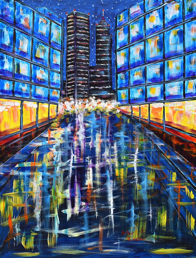 Arthur Kinslow Original Painting Midtown at Night 30 x 40 Inches: Arthur Kinslow ( American, 1955 - ) Midtown at Night. Original Acrylic on Canvas.Signed by the artist lower center. Canvas Size 30 x 40 inches. Arthur Kinslow has been involved in art his entire life