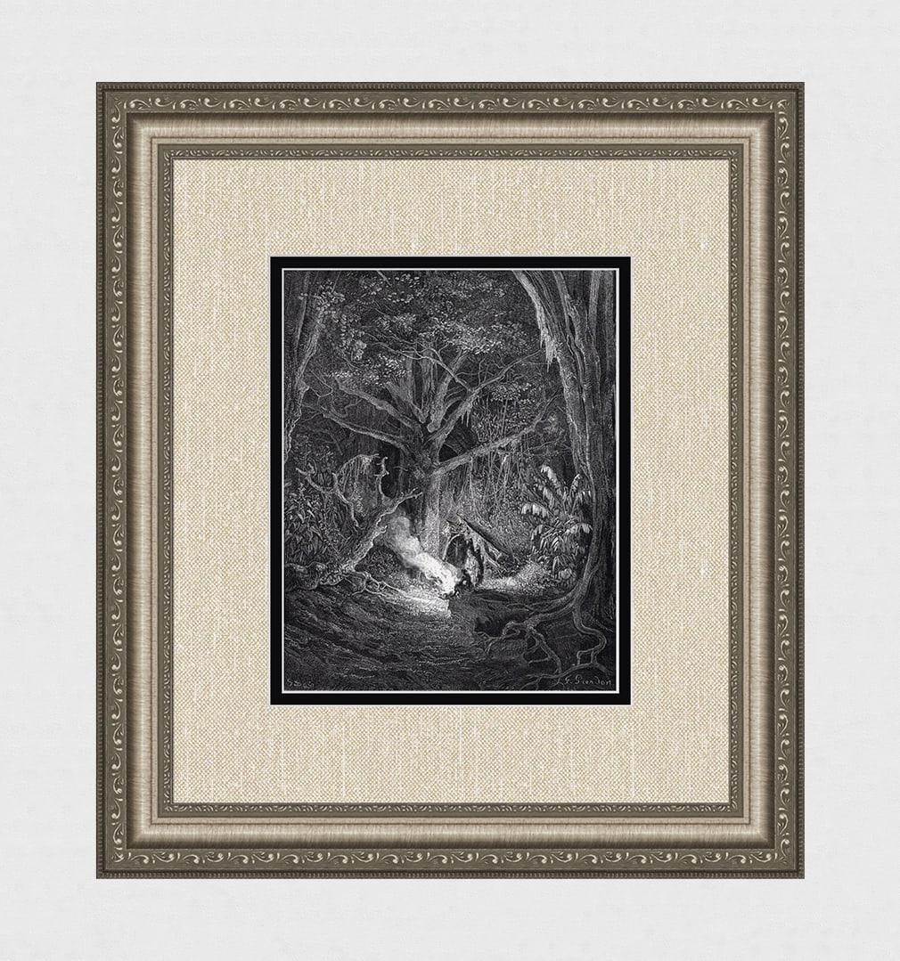 1800s Gustave DORE Antique Woodcut "Atala & Chactas" FRAMED Signed: Gustave Dore (Paul Gustave Louis Christophe Dore) (French, 1832-1883). The camp fire of Atala and Chactas (from Atala). Antique woodcut on wove paper after the original by master wood engraver Francoi