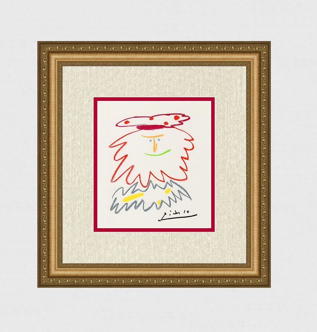 PICASSO 1968 Color Lithograph Man with a Polka Dot Hat Signed Framed: Pablo Picasso (1881 - 1973). Man wearing a Polka Dot Hat. 1968 Color lithograph after the pastel on Wove paper. Signed in the Plate. Verlag Ullstein GmbH. Image size 8 x 9 inches. Framed dimensions ap