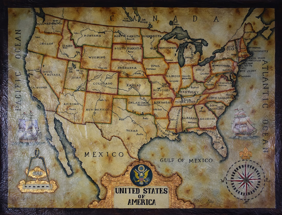 Large Detailed Original Oil Painting United States Map Julius Lira Salazar 48 x 36 inches: Julius Lira Salazar. "United States Map" Original painting on canvas. Canvas Size 36 x 48 inches. Born In Madre De Dios, Peru, In 1973, Julius Lira Salazar Comes From One Of The Poorest But Nicest Are