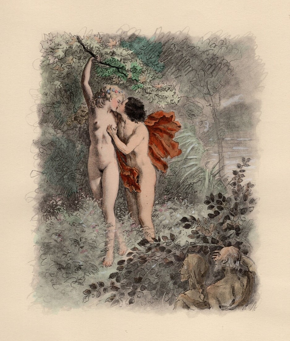 Original 1947 Paul-Emile Becat Nude Limited Lithograph Thirteenth Kiss Framed: Paul-emile Becat (French, 1885 – 1960). Thirteenth Kiss, The Jealous Trumps (Treizieme Baiser, Les Jaloux Trompes). Original color lithograph on velin paper.Year: 1947. Numbered limited edition. Thi