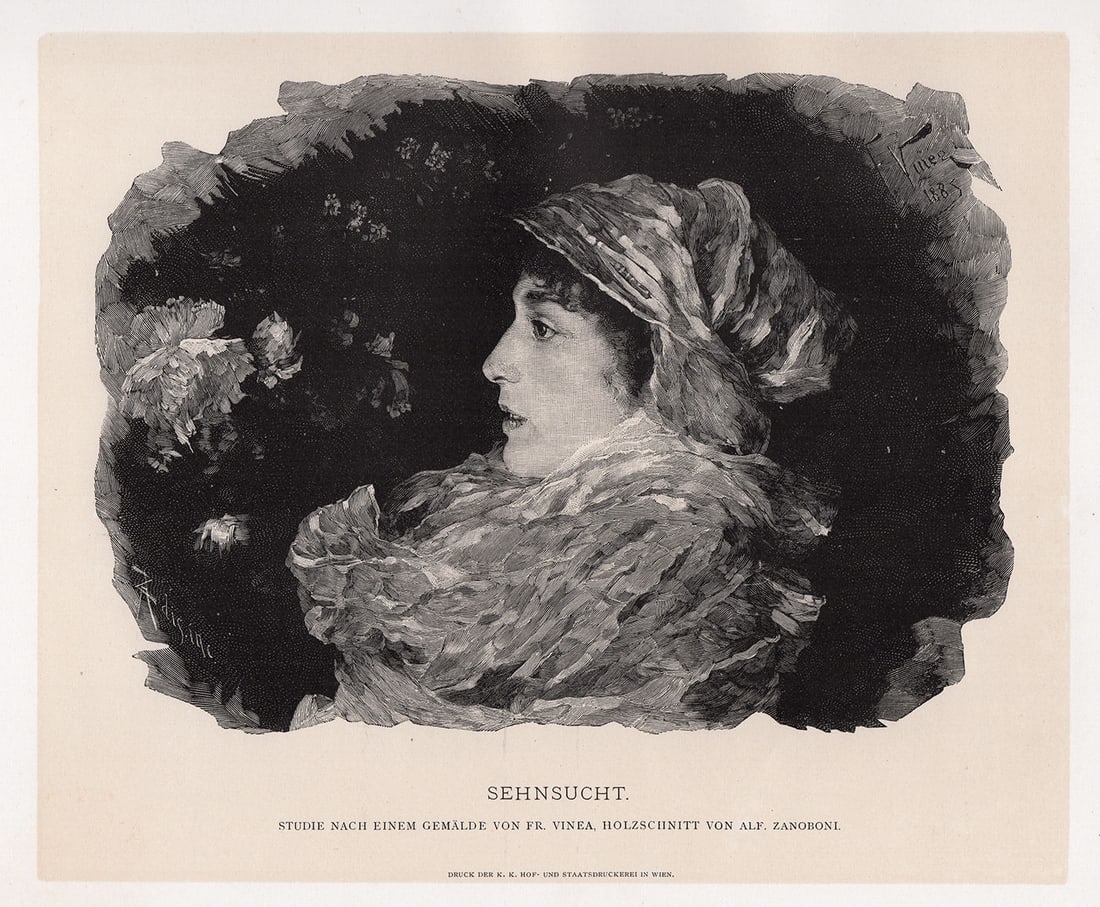 1887 Francesco Vinea Sehnsucht (Nostalgia) woodcut signed (1 of 2)