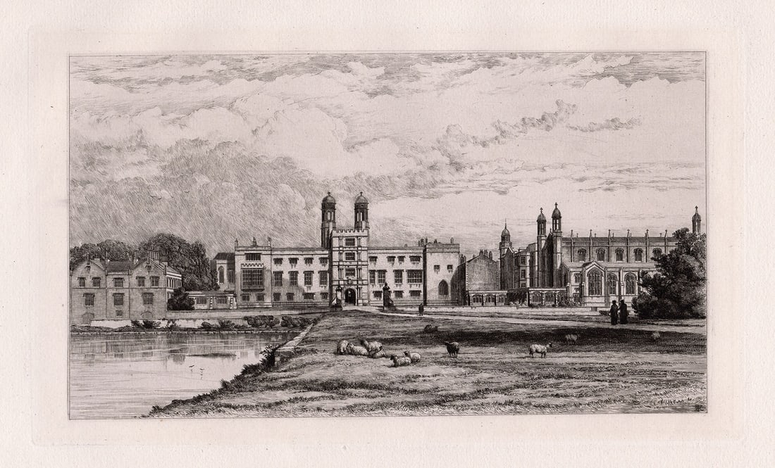Robert Kent Thomas Stonyhurst College 1881 etching: Robert Kent Thomas. (British, 1816-1884). Stonyhurst College. Hand pulled copper plate etching on laid paper. 1881. Excellent. Image Size 6 1/8 x 10 5/8 inches. Framed dimensions approximately 15 x 18