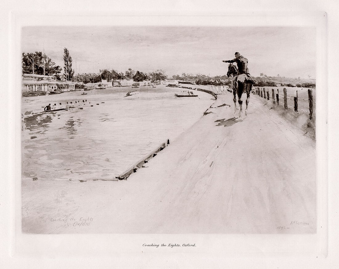 1893 John Henry Lorimer Coaching the Eights Oxford signed: John Henry Lorimer. (Scottish, 1856-1936).Coaching the Eights, Oxford. Antique Heliogravure on thick wove paper after the original watercolor by a Master Engraver. 1893. Signed in the plate lower righ